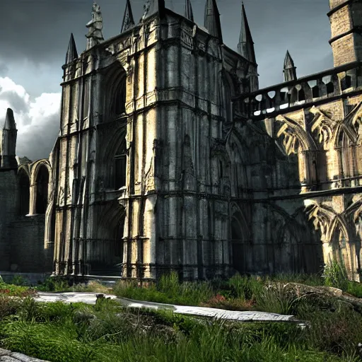 Image similar to imposing abbey, realistic, highly detailed, hd, unreal engine, guillermo del toro