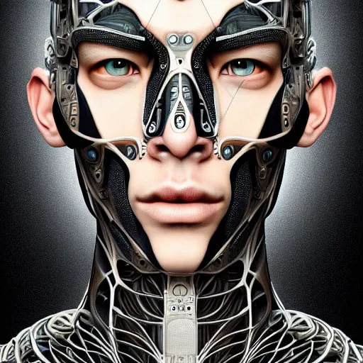 Image similar to ultra realist intricate detailed painting of a single attractive cyborg male, black scales on face and cyborg tech on body, symmetry accurate features, very intricate details, focus, high resolution, 4 k, artstyle alex ries and hiraku tanaka, award winning