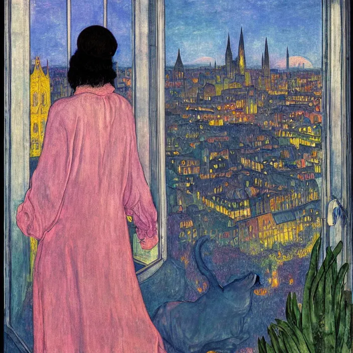 Image similar to close portrait of woman in transparent vaporous night gown with cat and aloe vera, with city with gothic cathedral seen from a window frame with curtains. sun through the clouds, vivid iridescent colors. agnes pelton, egon schiele, munch, henri de toulouse - lautrec, utamaro, monet