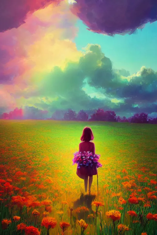 Image similar to giant flower head, girl walking in a flower field, surreal photography, sunrise, dramatic light, impressionist painting, colorful clouds, digital painting, artstation, simon stalenhag