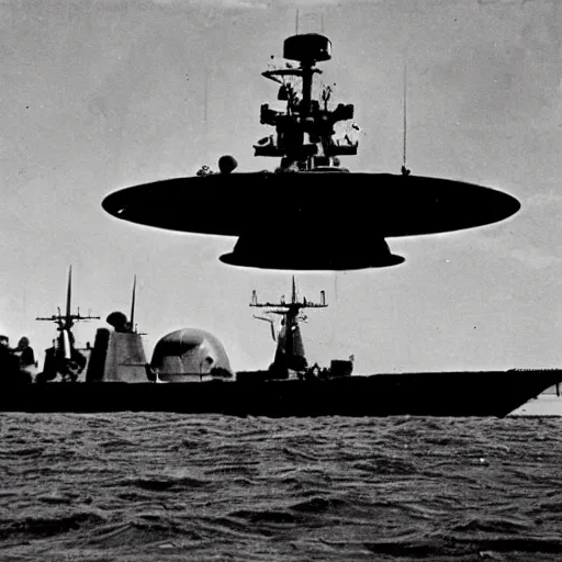 Image similar to a picture of an ufo above navy in the war, black and white, 1 9 4 0's