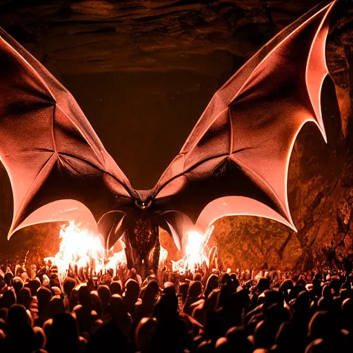 Prompt: photo, a giant massive huge crowd of people in black cult robes holding lit fire torches worshipping a giant huge massive idol of an alien owl bat monster made of shiny reflective colorful latex, inside a massive dark cave, dripping blood raining from above