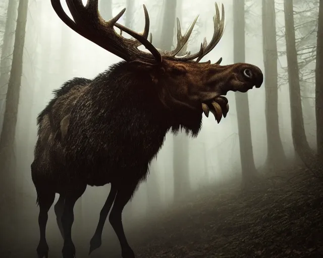 Image similar to 5 5 mm close up portrait photo of an armored demonic burning moose with red eyes and antlers and looking at the camera, in a magical forest. dark atmosphere. art by greg rutkowski and luis royo. highly detailed 8 k. intricate. lifelike. soft light. nikon d 8 5 0.