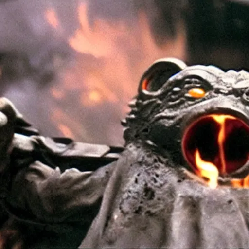 Image similar to a film still of gremlin being burned in star wars realistic, detailed