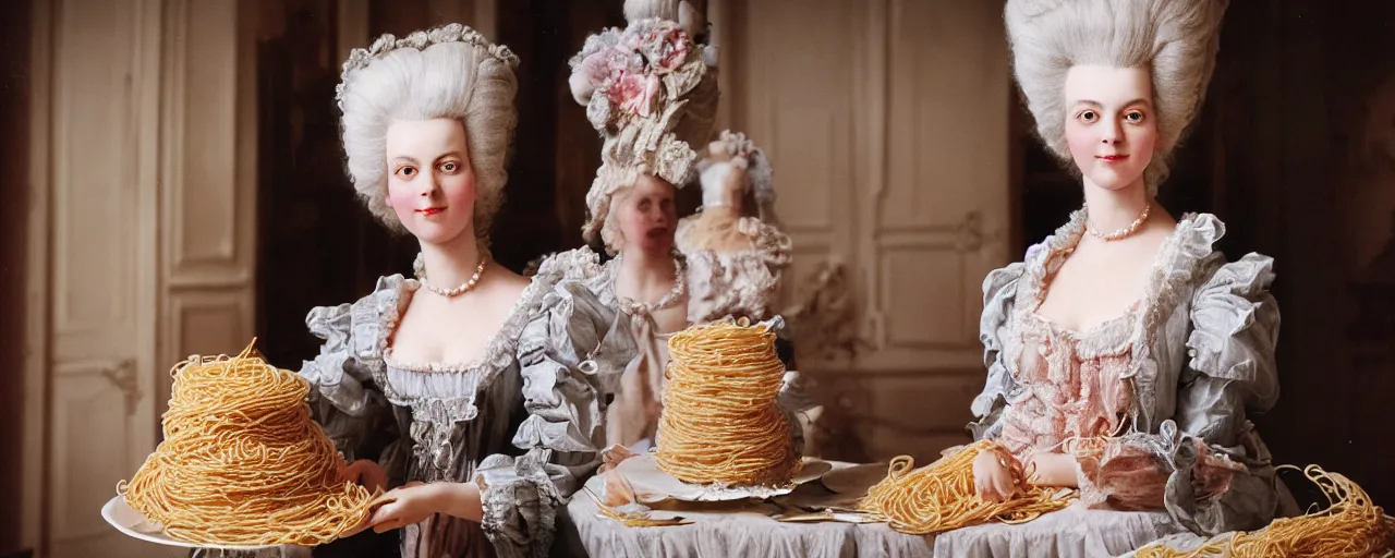 Image similar to marie antoinette in front of a cake made of spaghetti, high detailed face canon 5 0 mm, super detailed face, facial expression, cinematic lighting, photography, retro, film, kodachrome