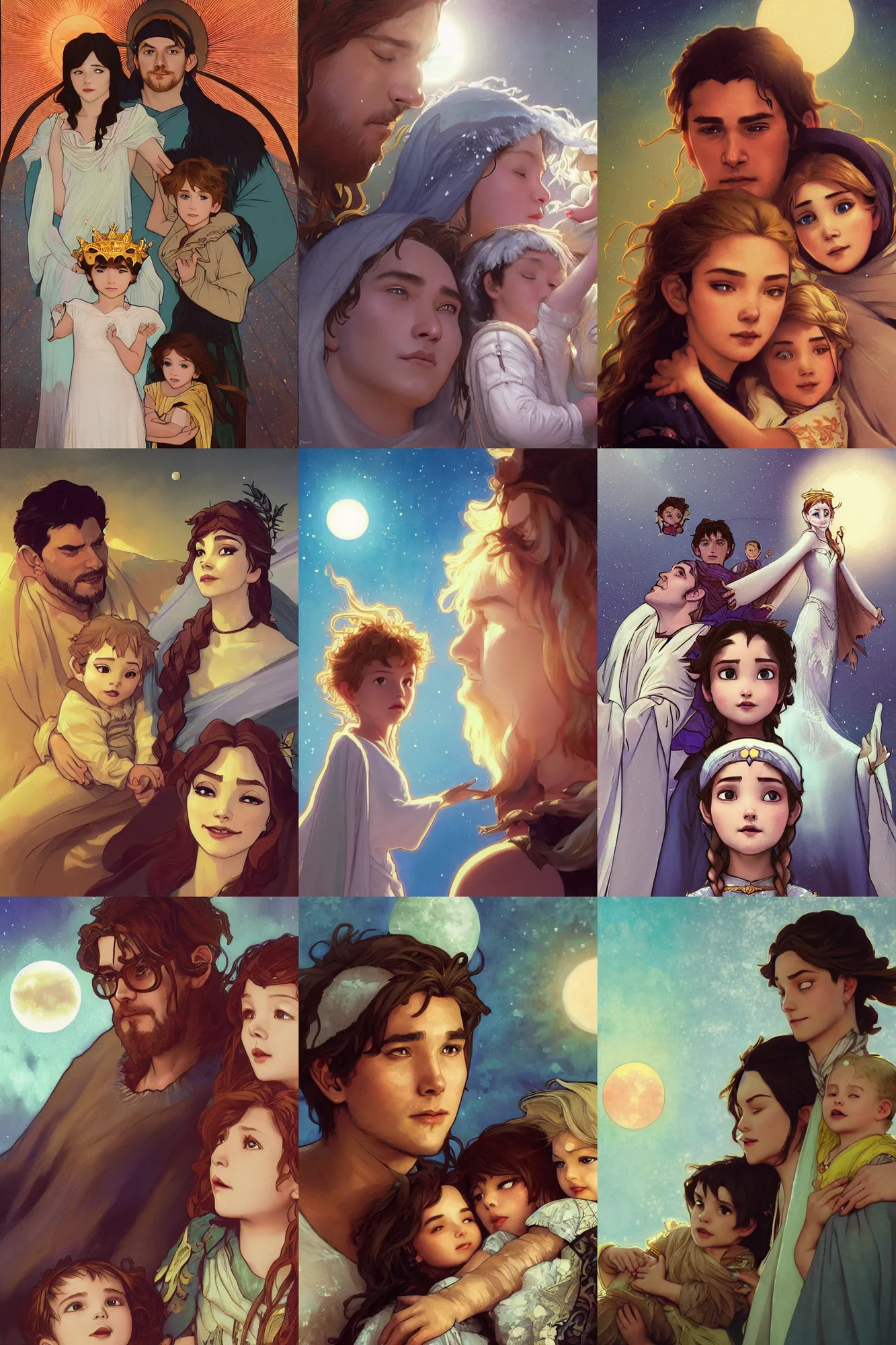 Prompt: a cinematic portrait of a beautiful family photograph close up moment of a young sun god and moon goddess magician family with child, portrait, wearing wide sunhats, Frozen Klaus film, artstation, concept art, illustration, Frozen II art masterpiece by art by Krenz Cushart, Artem Demura, alphonse mucha, yoji shinkawa, ArtGerm, Jon Lothian, Danilo Torres, Adi Meyers, Thomas Reimann, Gaston Bussiere, Disney