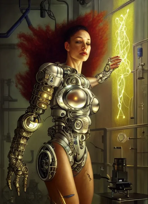 Prompt: cyborg recharging in a lab, diffuse lighting, fantasy, intricate, elegant, highly detailed, lifelike, photorealistic, digital painting, artstation, illustration, concept art, smooth, sharp focus, art by John Collier and Albert Aublet and James jean and Brian froud and ross tran and Artem Demura and Alphonse Mucha