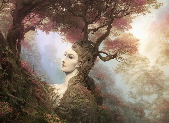 Image similar to a portrait of idealistic marble statue with fractal flowery hair and white fair porcelain face, in a magical forest, matte painting, painted by, mc escher, gordon onslow ford, georgia o'keeffe and ivan aivazovsky, cinematic light, god rays, colourful, unreal engine, zbrush central,