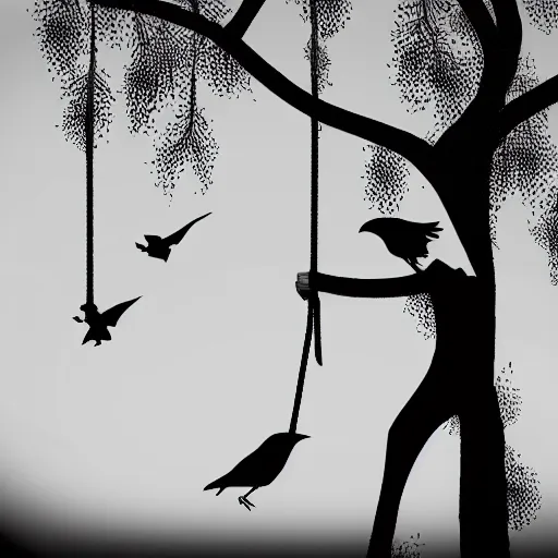 Image similar to a man is hanging on a rope on a tree, gloomy style, two crows are flying, black and white photography, creepy, stylization of a picture illustration from a book