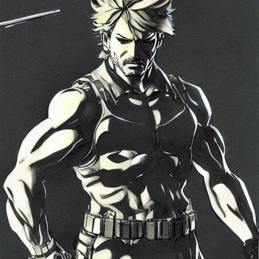 Image similar to solid snake fighting sam!!!!!! fisher!!!!!! by yoji shinkawa, concept art