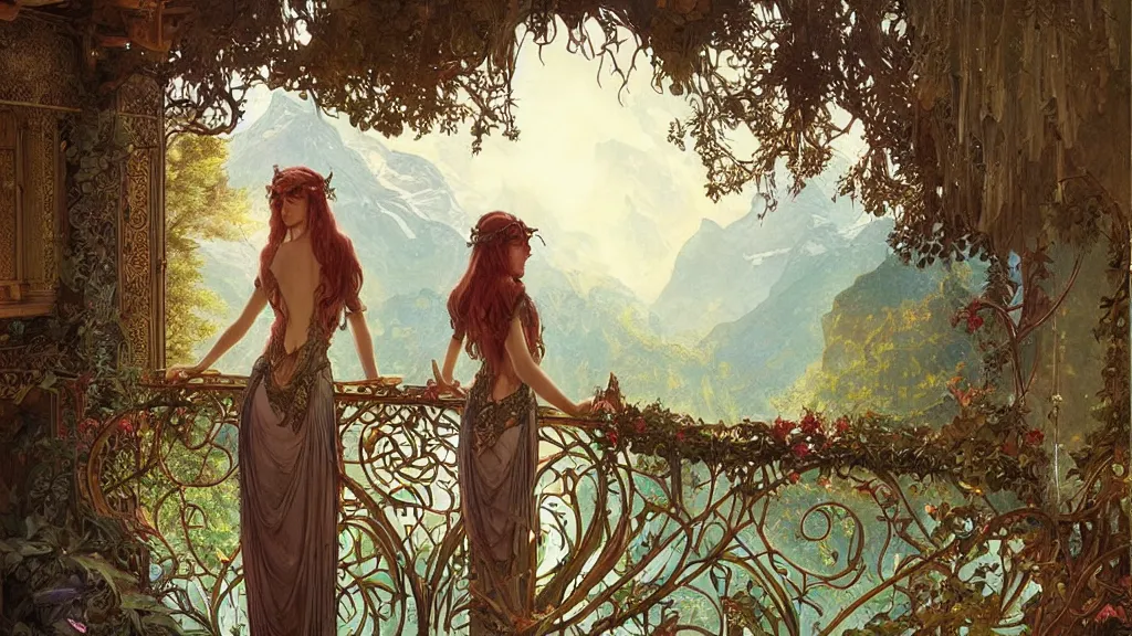 Image similar to a beautiful painting of a beautiful elven girl looking out from her balcony at art nouveau swiss chalet elven rivendell at sunrise, intricate, elegant, highly detailed, digital painting, artstation, concept art, by krenz cushart and artem demura and alphonse mucha