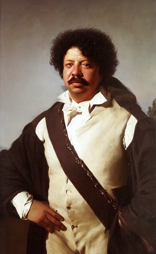 Image similar to Portrait of Alexandre Dumas, oil on canvas, highly detailed, by Kramskoy, 8k