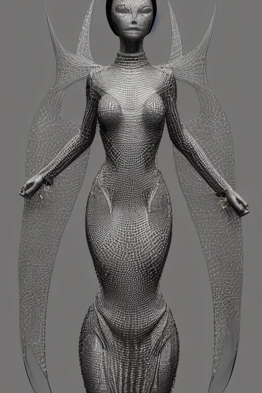 Image similar to a highly detailed metahuman 3 d render of an alien goddess bella hadid in iris van herpen dress schiaparelli in diamonds and jewelry in style of alphonse mucha trending on artstation made in unreal engine 4