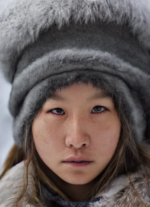 Prompt: closeup portrait of an eskimo girl, depth of field, zeiss lens, detailed, symmetrical, centered, fashion photoshoot, by Annie Leibovitz and Steve McCurry, David Lazar, Jimmy Nelsson, Breathtaking, 8k resolution, extremely detailed, beautiful, establishing shot, artistic, hyperrealistic, beautiful face, octane render