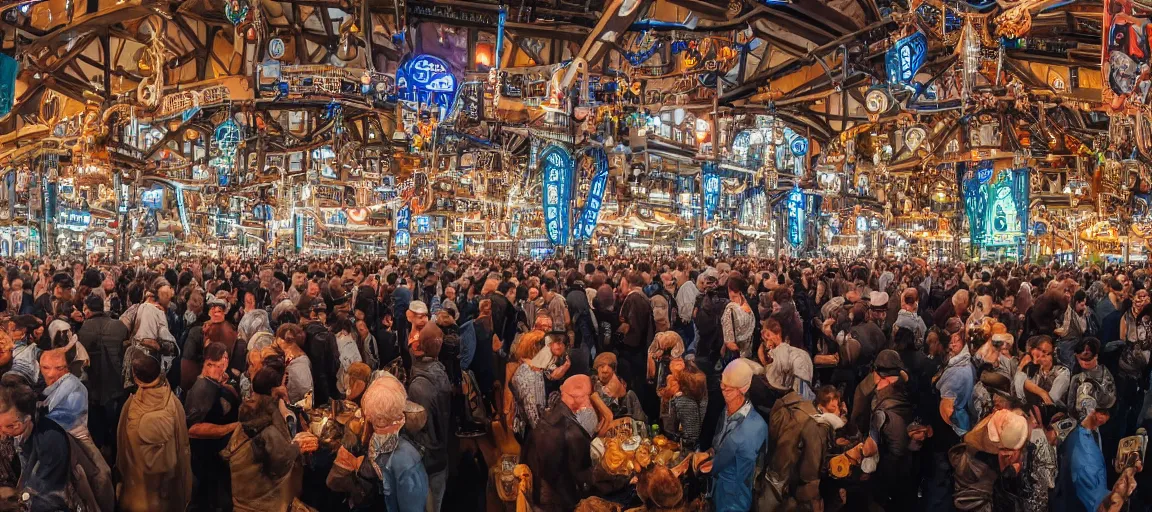 Prompt: crowded cyberpunk oktoberfest beer hall, detailed, wide angle, realism 8k HDR