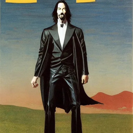 Prompt: rippling physique starving keanu reeves wearing a black leather cape sunglasses whilst standing atop a skyscraper masamune shirow jen bartel jim lambie winslow homer thomas eakins uta natsume