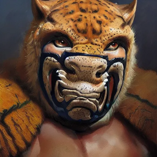 Image similar to Strong wrestler wearing a wrestles jaguar mask, closeup character portrait art by Donato Giancola, Craig Mullins, digital art, trending on artstation