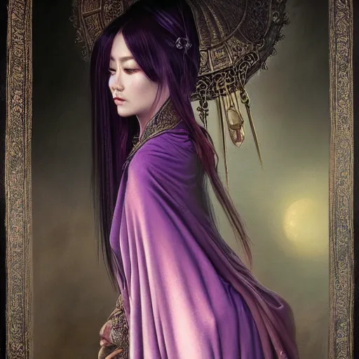 Image similar to photorealistic soft paint of a single very beautiful asian princess full long dress, ultra deep fog, purple black lustrous thin haircut, partial symmetry accurate features, focus, very intricate ultrafine details, award winning masterpiece, steampunk world, rudolf freund dan mumford tom bagshaw