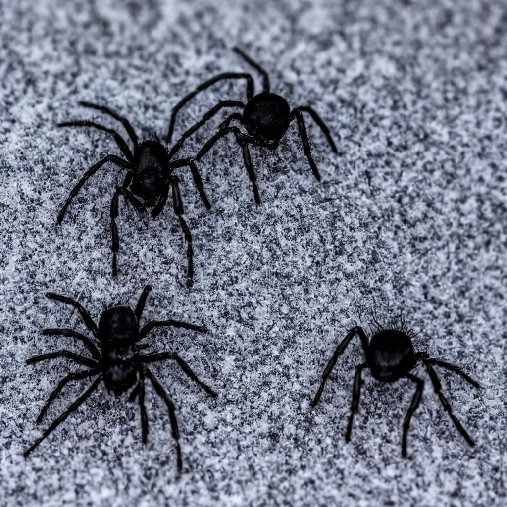 Prompt: a small black spider with big eyes walking on snow, macro view, field of view, high detail