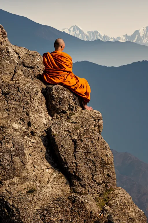 Prompt: A monk with his back to the camera sits beside a rock on a distant top of the mountain, looking at the snowy Himalayas in the distance, yellow clothes,faith,piety,4k, realistic,photography,landscape,high contrast,ISO100,300mm,trending on artstation.