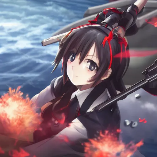 Prompt: Battleship Murakumo from Kantai Collection in the middle of a firefight, cute, Beautiful depiction of a anime girl , intricate, elegant, highly detailed, digital painting, 4k, HDR, concept art, smooth, sharp focus, illustration,Raytracing , Anime wallpaper ,intricate, elegant