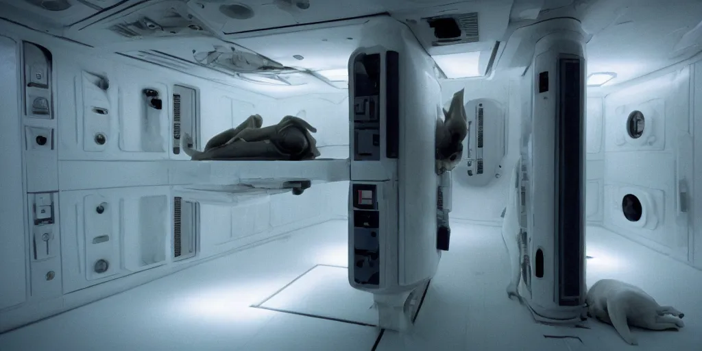 Image similar to a wide shot of Ripley sleeping inside an all-white room of cryogenic sleep chambers by Ridley Scott, Alien movie, grainy, bluish and cream tones