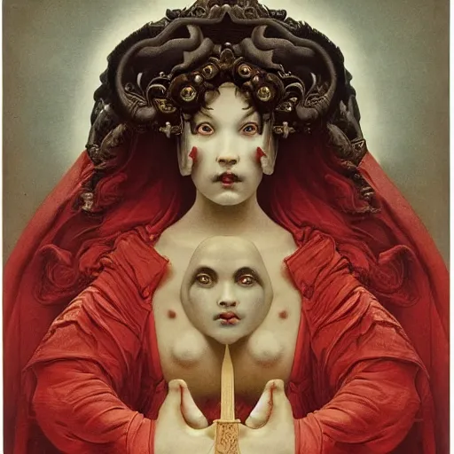 Image similar to front symmetric face of demon marble statue in japanese costume, victorian head dress, by jan van eyck, tom bagshaw, jean delville, william bouguereau, albrecht durer, symbolist painting, mysterious mood