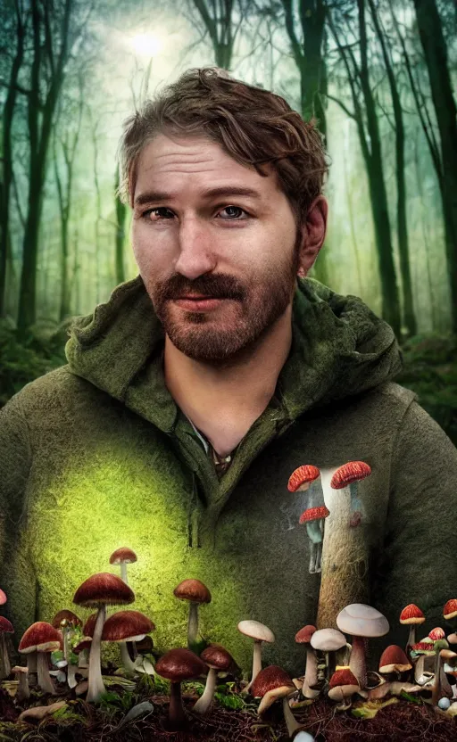 Image similar to realistic colorful photo portrait of man with mushrooms growing on his face, illuminated forest in the background full light, ultra rendered extreme realism and detail, 8 k, highly detailed, realistic, photorealistic,