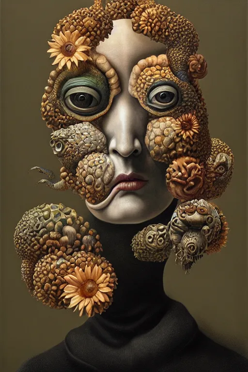 Image similar to a strange surrealist, biomorphic, portrait of a woman with large eyes wearing a black turtleneck, by dali, marco mazzoni, james jean and rachel ruysch, emotionally evoking, looming, head in focus, arcimboldo, volumetric lighting, masterpiece