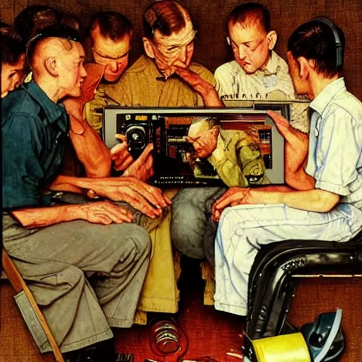 Prompt: Seminar on how to play video games. Painting by Norman Rockwell.
