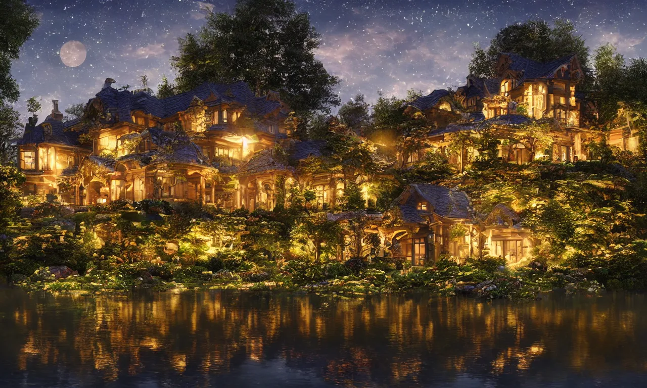 Prompt: one stunningly beautiful lake house in the moonlit nightscape, house by the reflective lake in the evening, lamps and flowers, beautiful garden, highly detailed textures, photorealistic house, beautiful soft lighting, landscape photography, nature photography, perfect landscape, trending on artstation, 4 k, soothing, dreamy