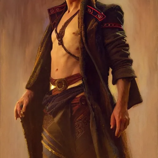 Prompt: stunning male master wizard posing with side chest, highly detailed painting by gaston bussiere, craig mullins, j. c. leyendecker, 8 k