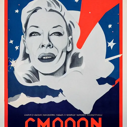 Image similar to propaganda poster for colonizing the moon with cate blanchett, by bonesetell