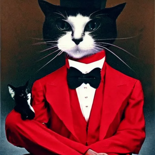 Prompt: Person in a red suit and black shirt with legs crossed and arm streched out but with a cat head and a top hat