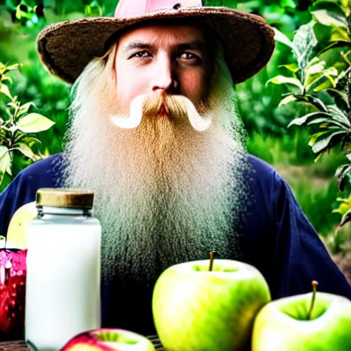 Image similar to beautiful professional photograph of a wizard with a very long white beard, creating, making, brewing, potions, elixirs, potions, in an apple orchard