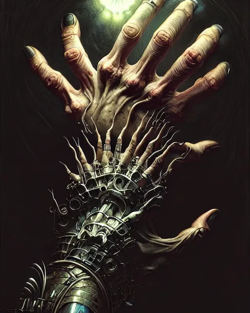 Image similar to human hand anatomy for artists fantasy character portrait, ultra realistic, cinematic, concept art, wide angle, intricate details, hologram, highly detailed by greg rutkowski, aaron horkey, gaston bussiere, craig mullins, simon bisley, arthur rackham