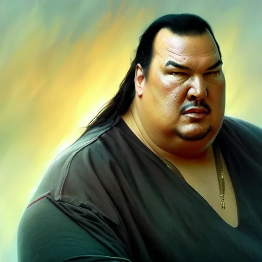 Image similar to Obese Steven Seagal, fantasy, intricate, elegant, highly detailed, digital painting, artstation, concept art, matte, sharp focus, illustration, art by Artgerm and Greg Rutkowski and Alphonse Mucha