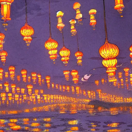 Image similar to concept art, river lanterns on the eve of ullambana festival, high resolution, by james gurney, katsushika hokusai, fujishima takeji, hiroshi yoshida, artstation