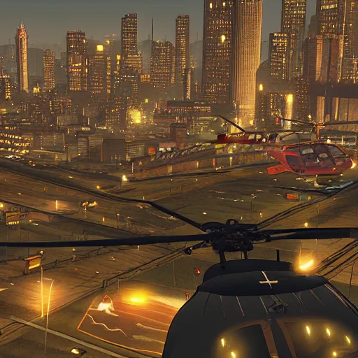 Prompt: Helicopter above a night city in GTA 5, cover art by Stephen Bliss, boxart, loading screen