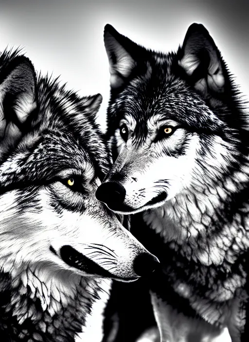 Image similar to two wolves black and white portrait white sky in background