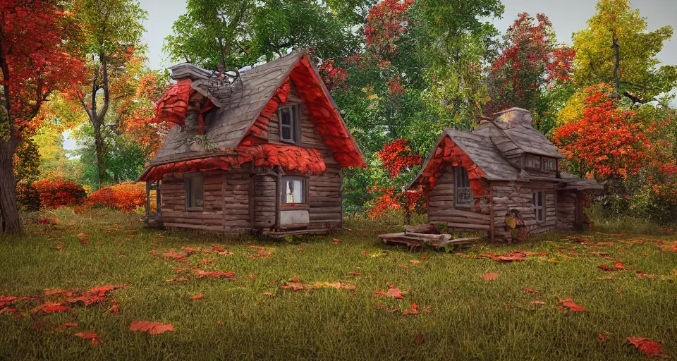 Prompt: colorful cottage in the middle of the woods, windy autumn day, peaceful environment, adventurous architecture, wooden fence, 3d render, unreal engine, trending on artstation, cgnation, by senior 3D artist