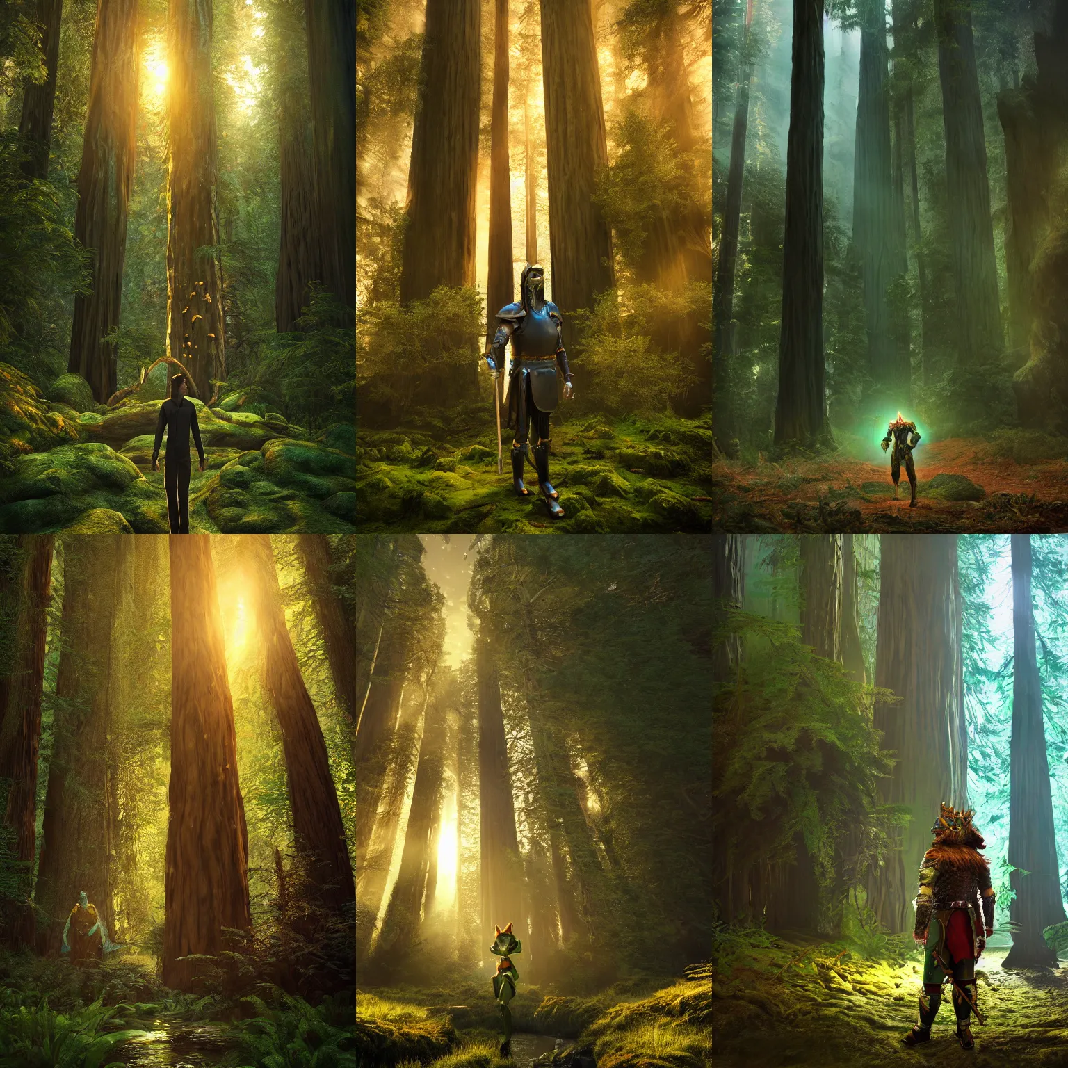 Prompt: The Green Knight standing in a redwood forest near a river at sunset, anatomically correct, hyperrealistic, concept art, octane render, unreal engine 5, trending on Artstation, high quality, 8K, highly detailed, symmetrical, five fingers, path tracing, soft lighting