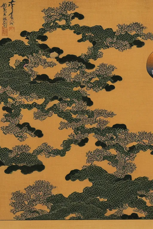 Image similar to japanese woodblock print, of a landscape by kano sanraku, james jean, takato yamamoto, mc escher in the style of nihonga, gold leaf painting, fractal art, intricate detail