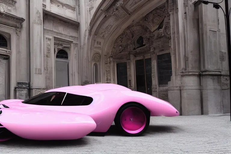 Prompt: Elegant photography of the pink panther car designed by Kanye West