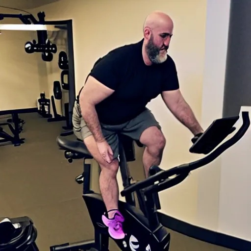 Image similar to chonky bald, grey trimmed bearded ethan van sciver working out vigorously on his peloton exercise bike