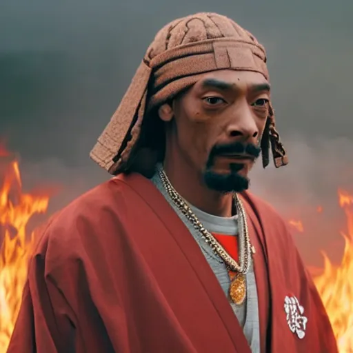 Image similar to cinematic film still of Snoop Dogg starring as a Samurai holding fire, Japanese CGI, VFX, 2022, 40mm lens, shallow depth of field, film photography