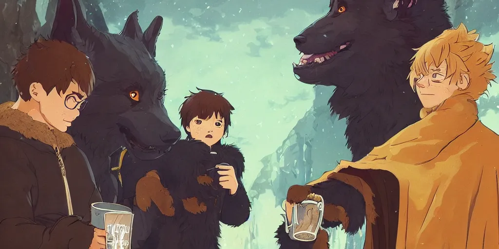 Image similar to a two german shepherds beast - men, holding a mug of beer, a lot of pockets, fur cape, tavern background, magical, bright, colorful, fantastic lighting, amazing details, 4 k uhd, illustration by hayao miyazaki and makoto shinkai and ilya kuvshinov, artstation, pixiv,