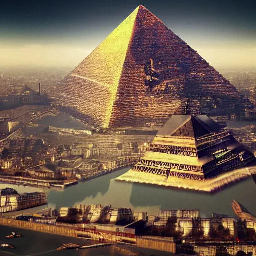 Prompt: floating pyramid above Paris, Egyptian god, artstation