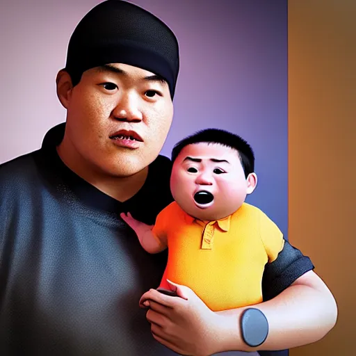 Image similar to shocked asian man holds baby shaquille o ’ neal at hospital, he can ’ t believe his eyes, award winning art, pixar, 3 d render, unreal engine