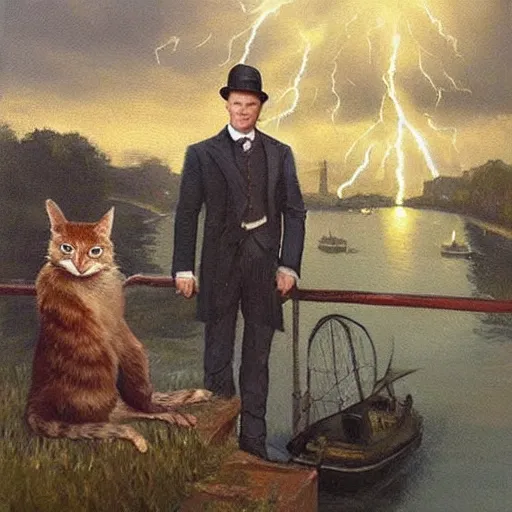 Image similar to mcgregor is dressed as a gentleman at early 2 0 th century paris. he is watching an easel. that easel has a canvas on it. ewan mcgregor has a brush on his hand. he is painting a painting. there is a small brown cat with yellow eyes on ewan mcgregors feet. on background has river seine, morning sun, dark clouds, lightning, dc comics